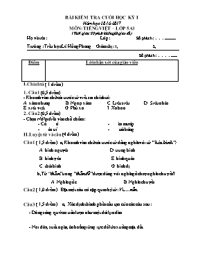 Đề và đáp án kiểm tra cuối học kỳ I môn Tiếng việt lớp 5 - Năm học 2016-2017